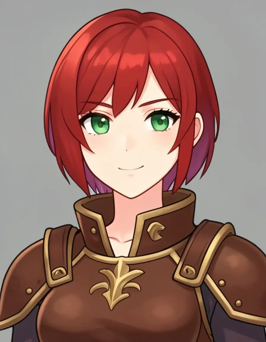 Close-up portrait — green eyes, red hair detail, gold armor trim visible