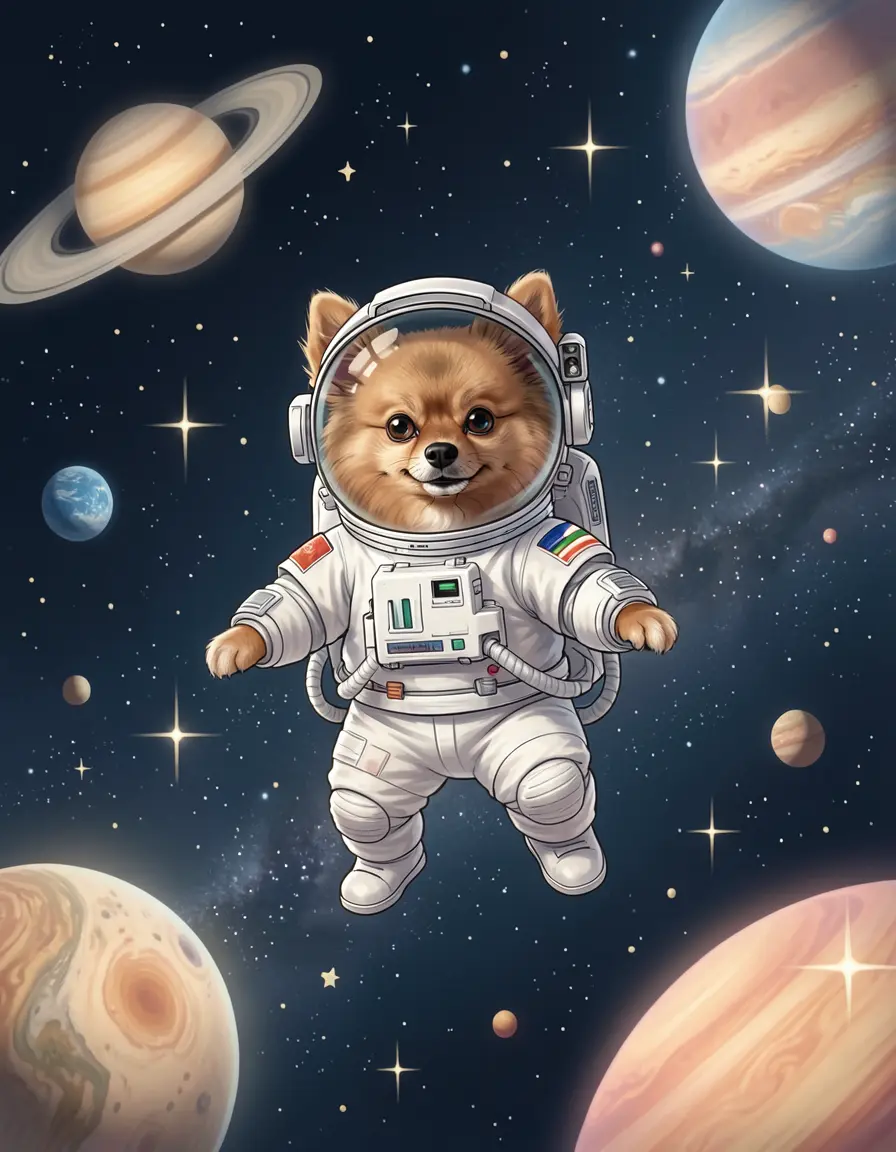 Astronaut — floating in space with planets