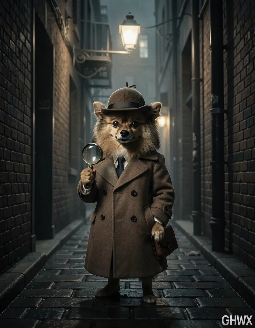 Detective — noir alley, magnifying glass, deerstalker hat
