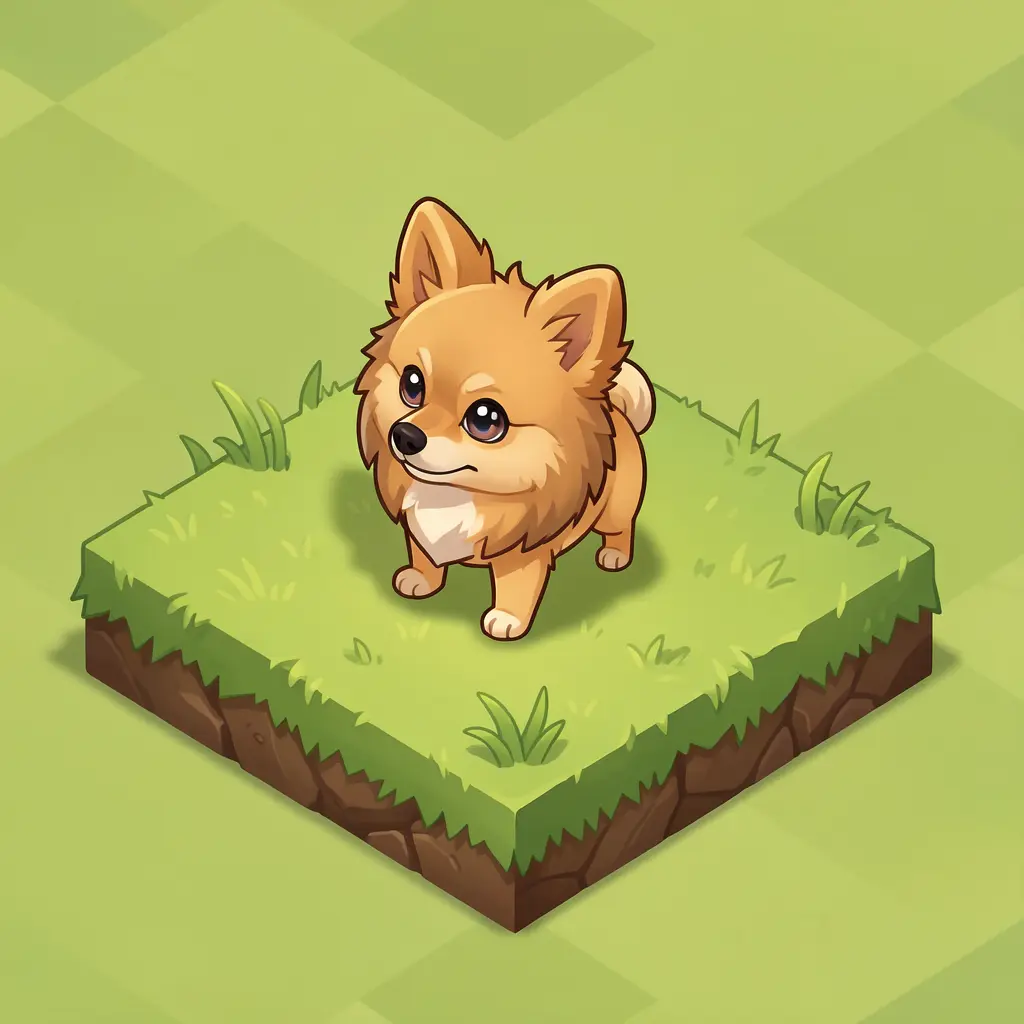 Isometric game tile — tiny pomeranian on grass