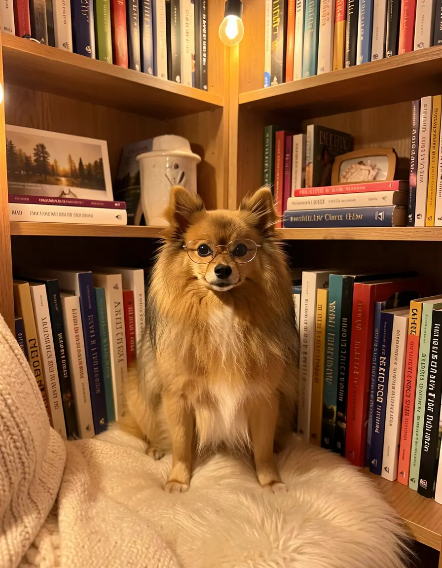 Reading nook — tiny glasses, surrounded by books
