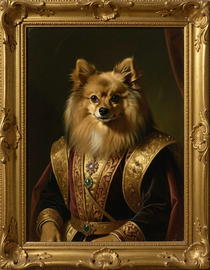 Renaissance oil portrait — gold frame, royal garments