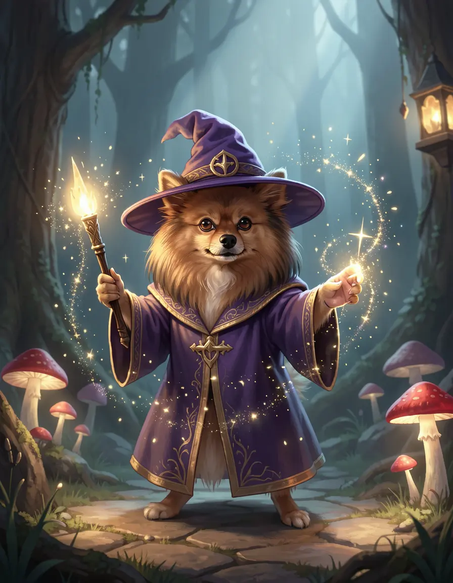 Wizard — purple robe, staff, magic sparkles