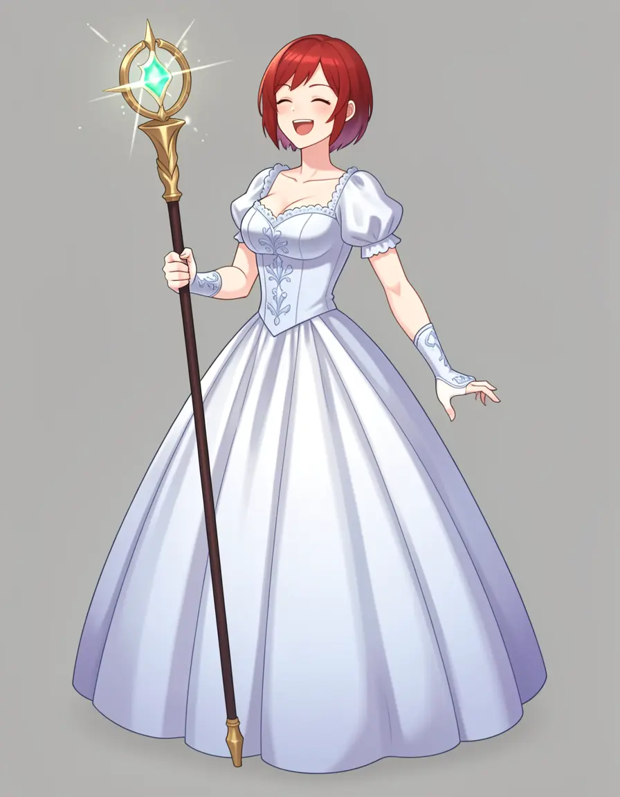 Character in ballgown, laughing, holding a staff — four changes applied at once