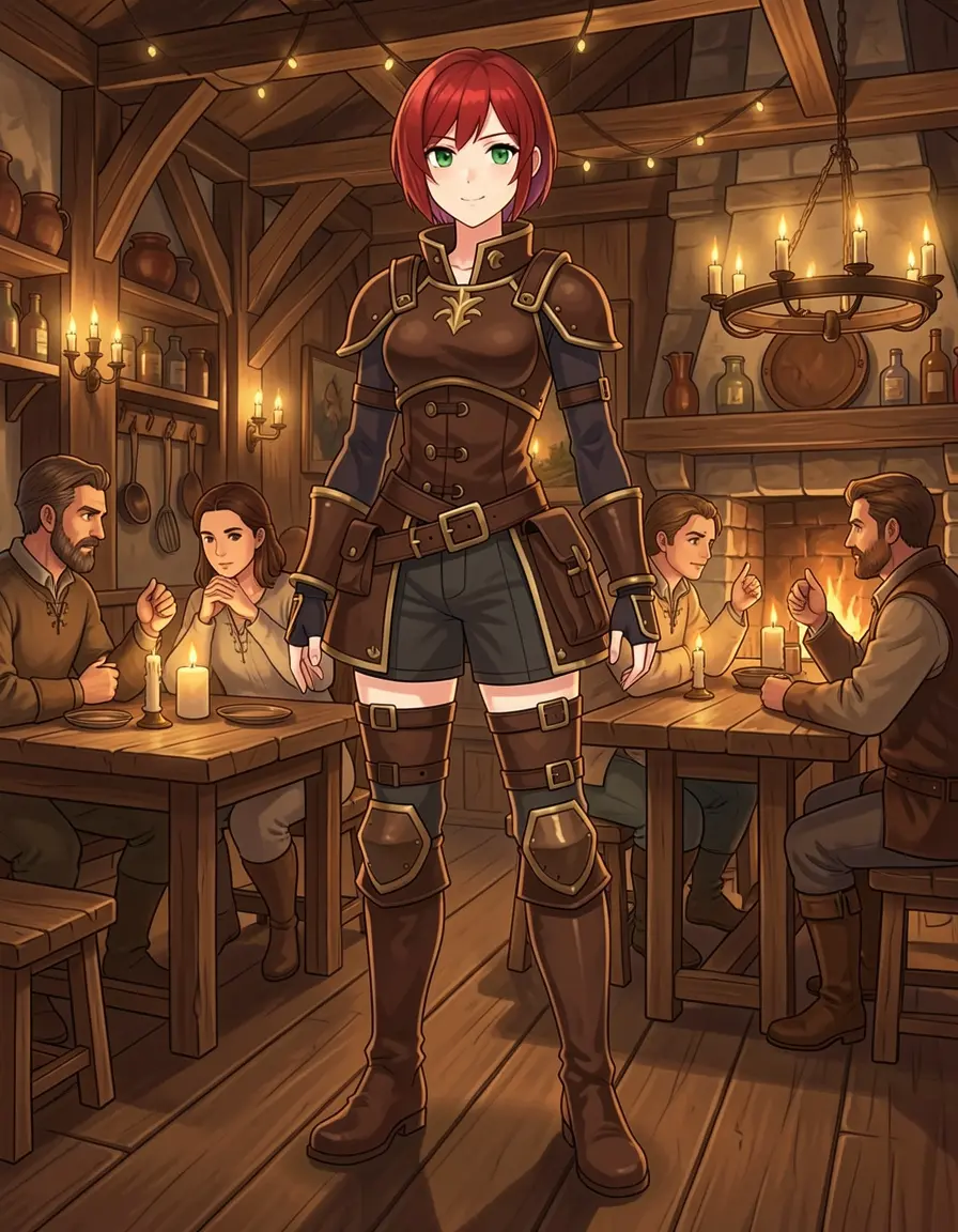 Character placed in a medieval tavern with warm candlelight, patrons at tables