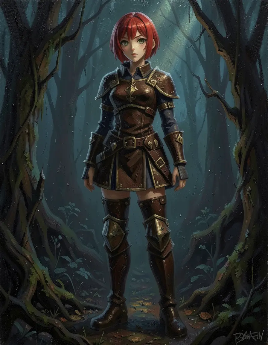 Dark fantasy oil painting — dramatic lighting, forest environment