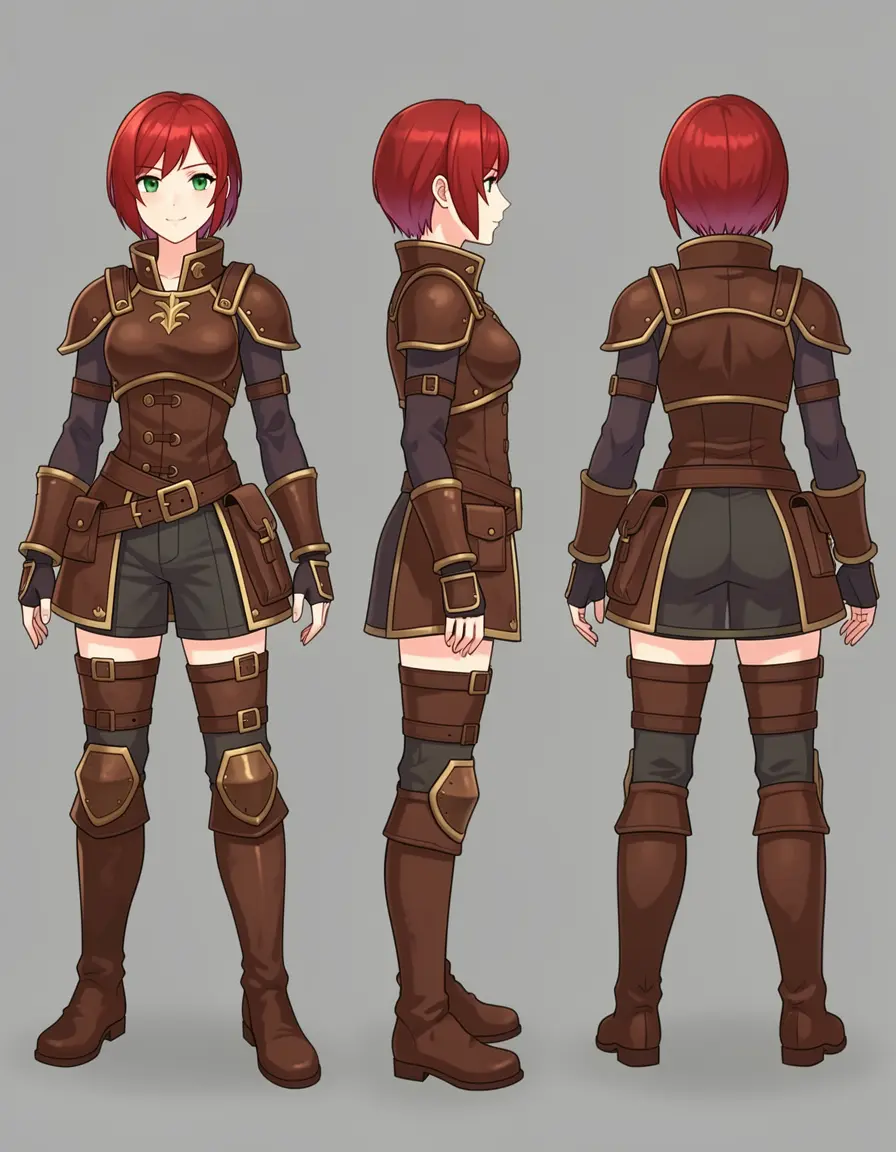Character turnaround sheet showing front, side, and back views of a red-haired adventurer