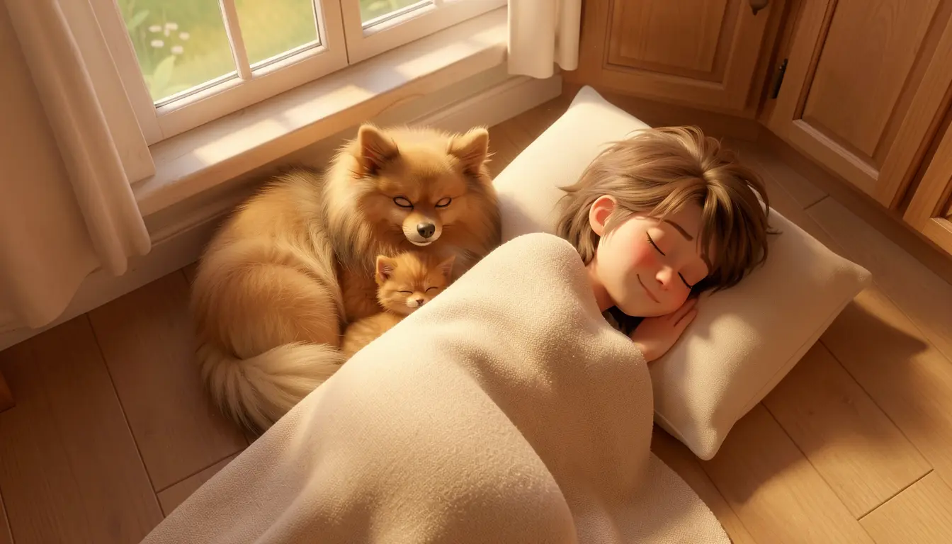 Page 6 — All three asleep on the kitchen floor, morning light