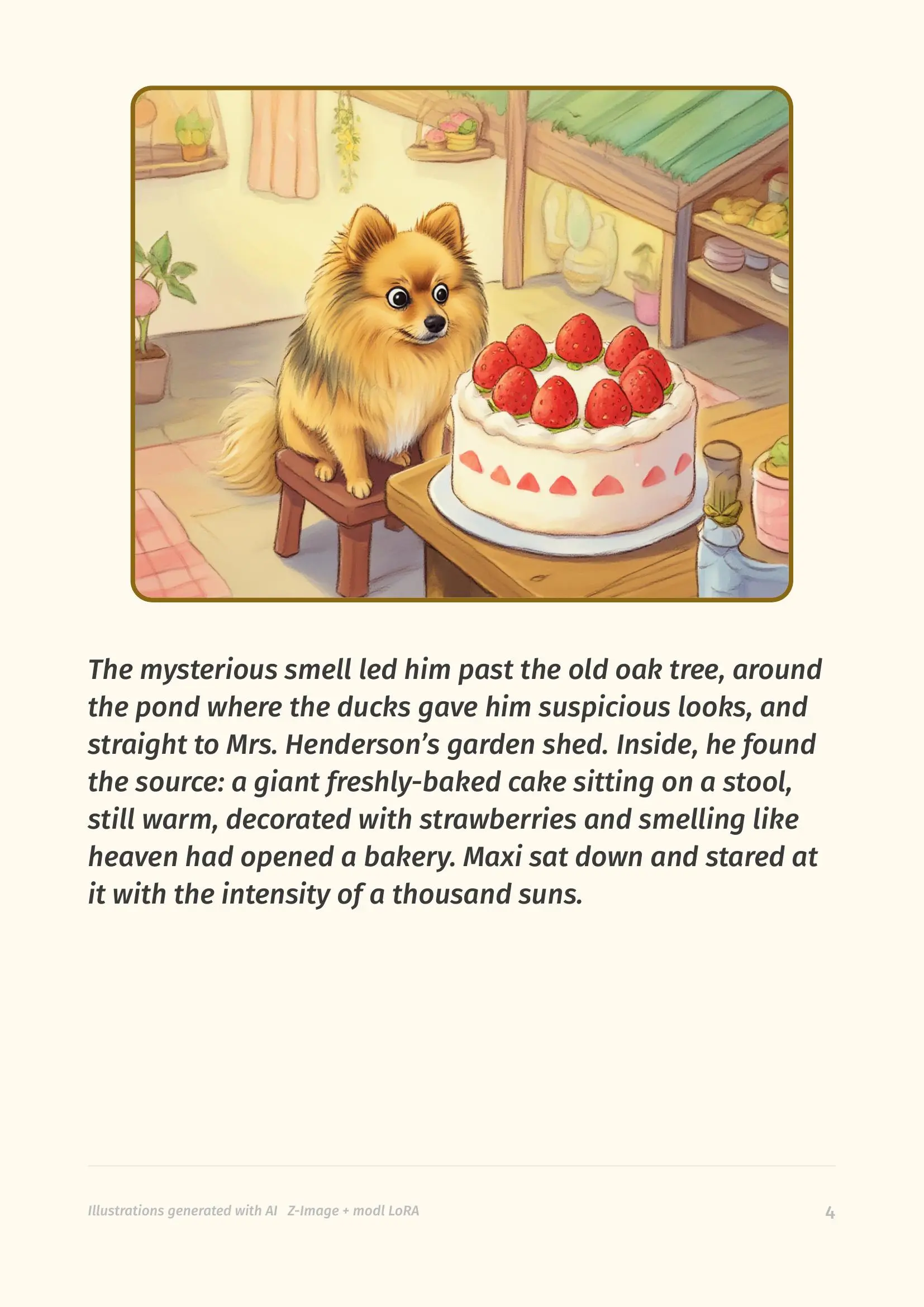 Page 4 — Maxi staring at a strawberry cake