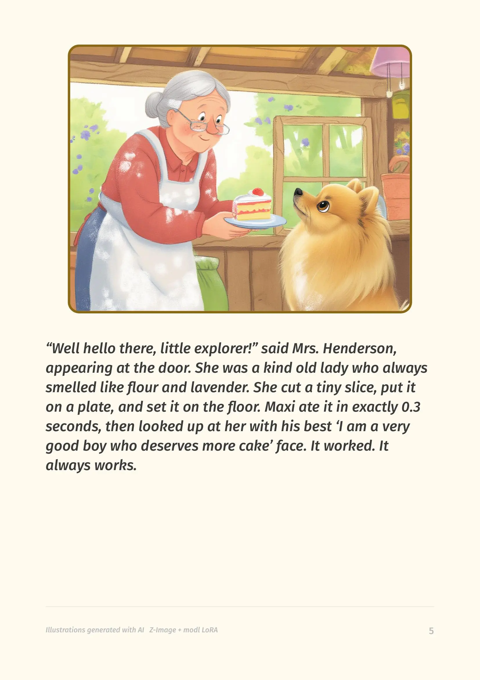 Page 5 — Mrs. Henderson giving Maxi cake