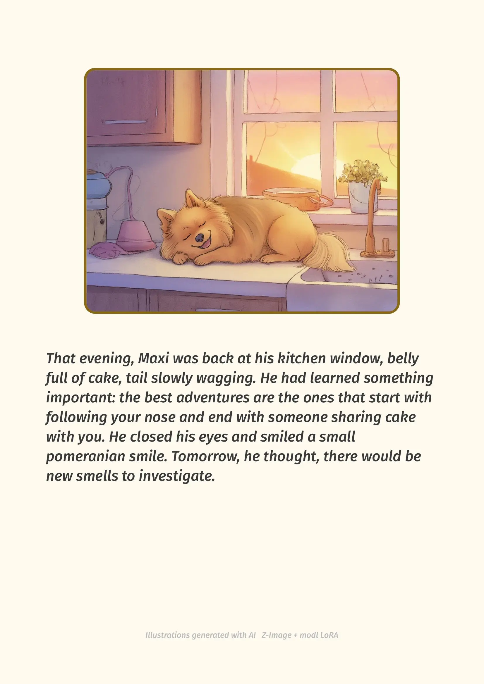 Page 6 — Maxi sleeping at sunset, belly full of cake