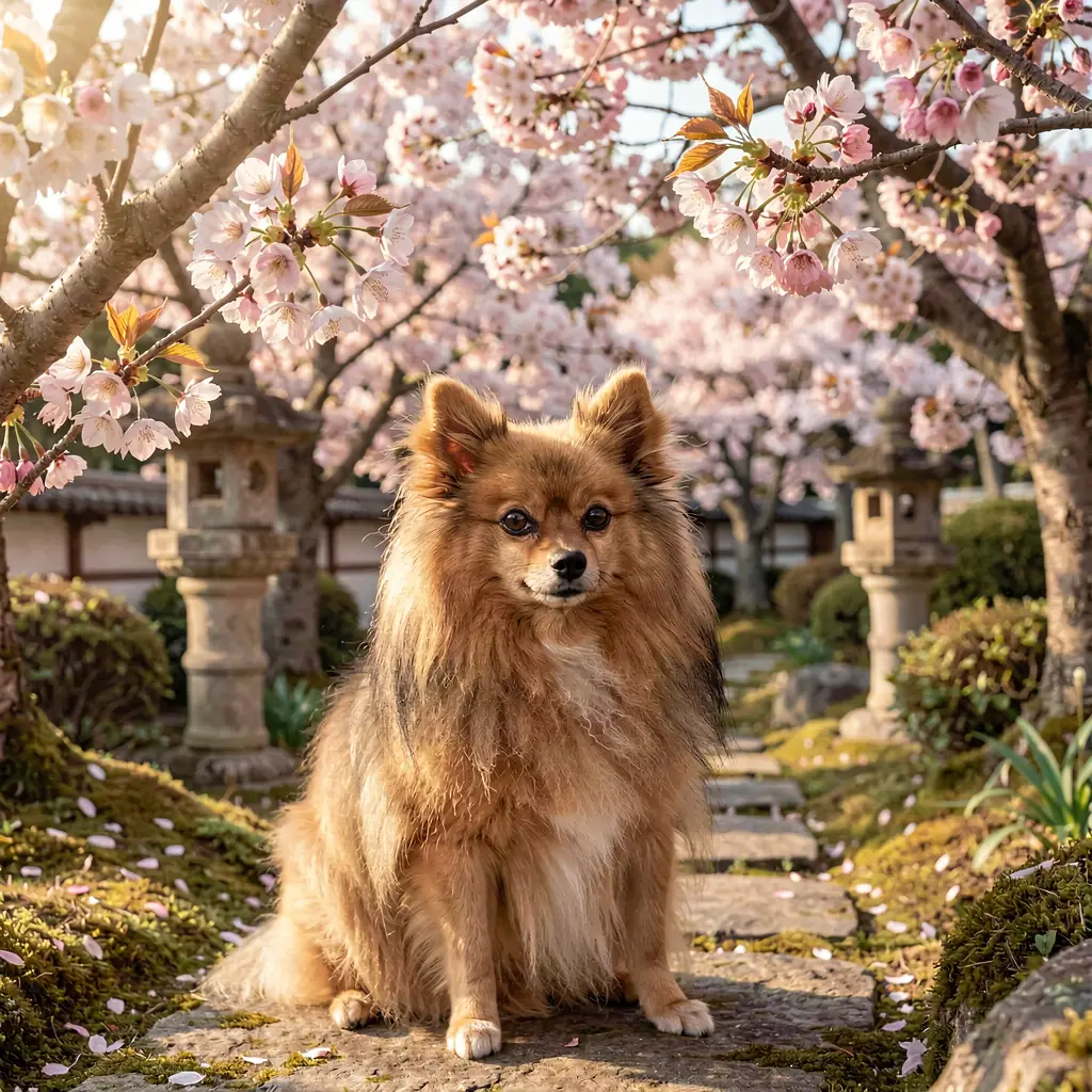 Maxi sitting under cherry blossoms in a kyoto garden