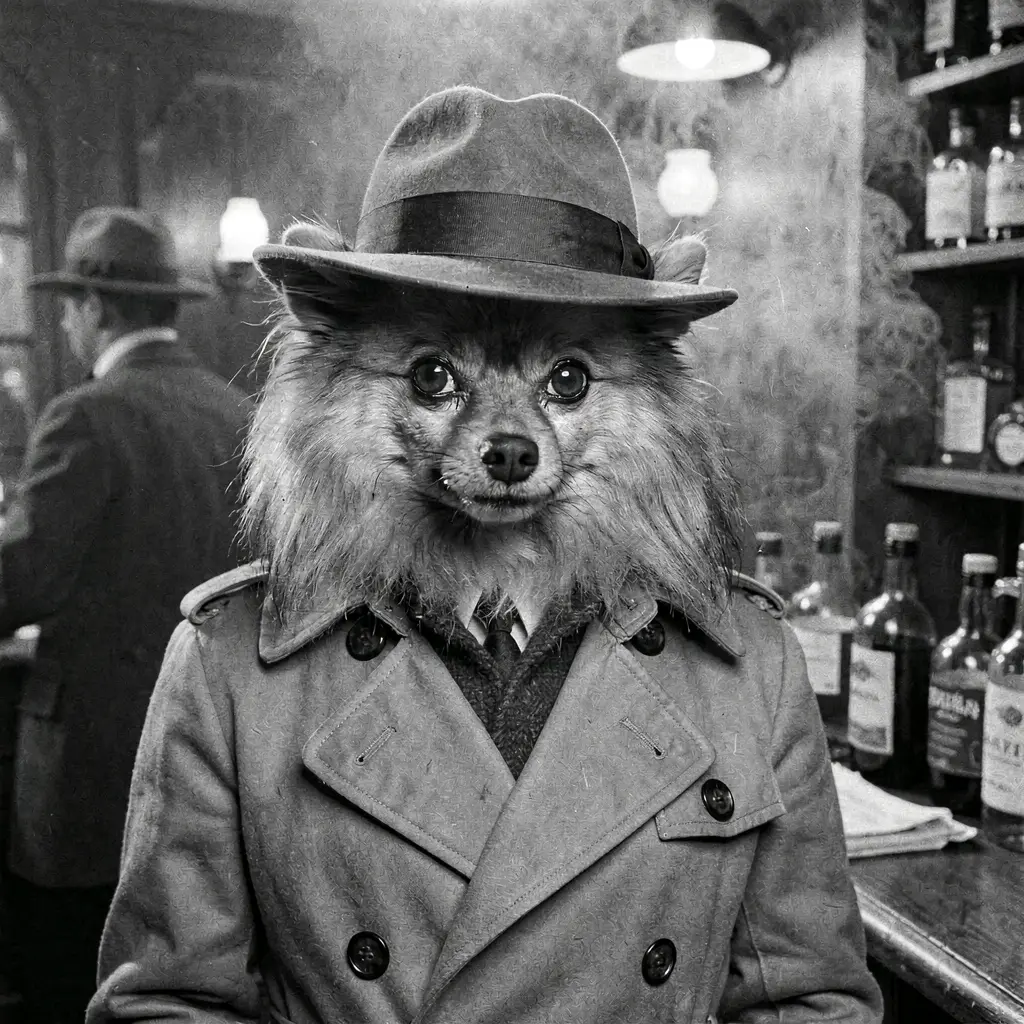 Maxi as a 1940s noir detective in a trench coat and fedora