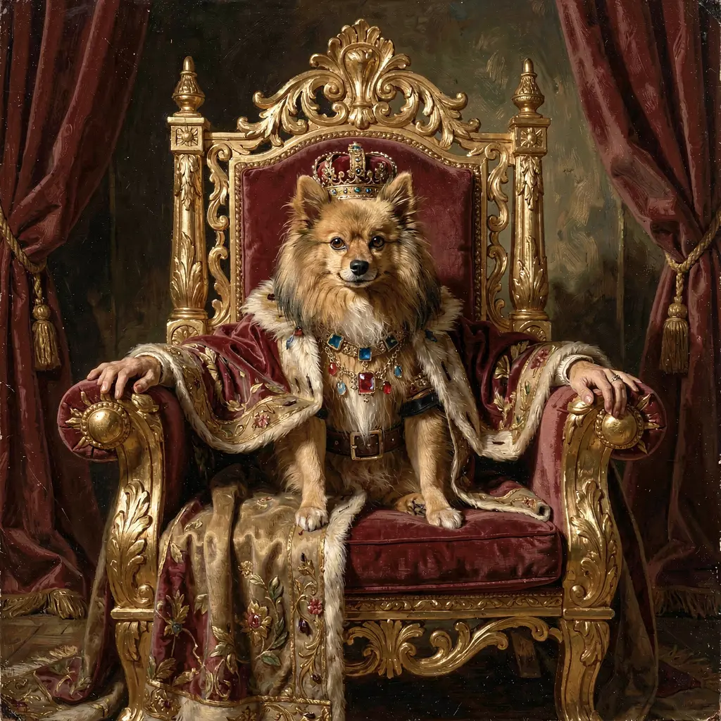 Maxi on a throne, seed 99, with human-like hands on the armrests