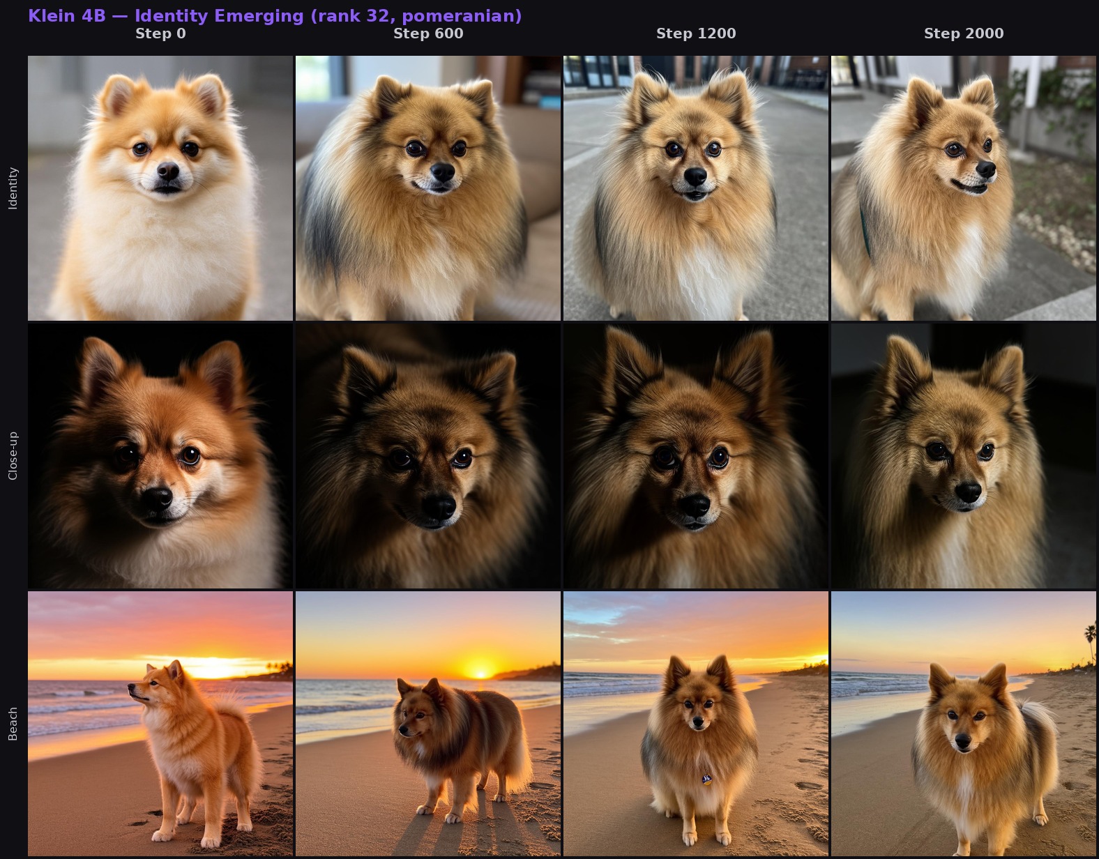 Klein 4B training progression grid — 3 prompts across 4 steps