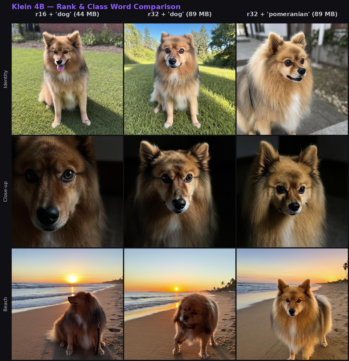 Klein 4B rank and class word comparison — r16+dog vs r32+dog vs r32+pomeranian