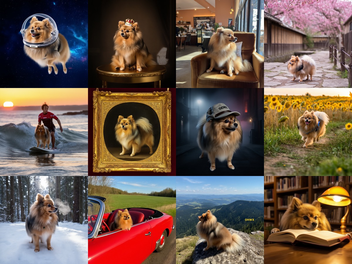 12 AI-generated scenes of a Pomeranian from the same LoRA