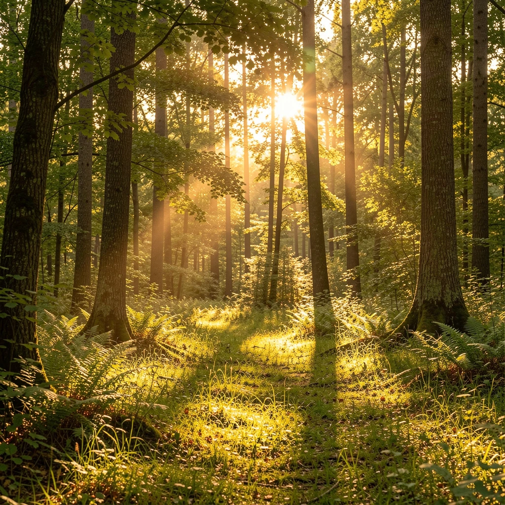Sunlit forest clearing, golden hour