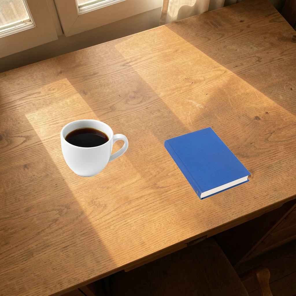 Coffee cup left, book right, on wooden desk