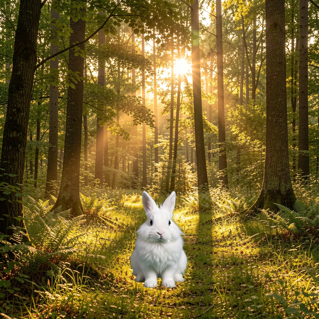 Raw composite — rabbit placed on forest, no shadows, lighting mismatch