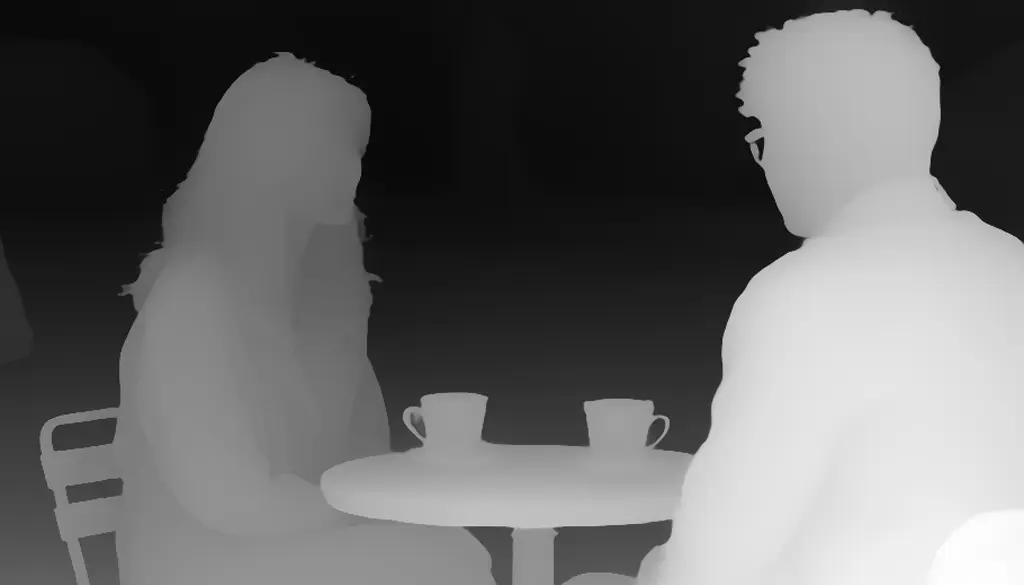 Depth map from a cafe scene — brighter areas are closer