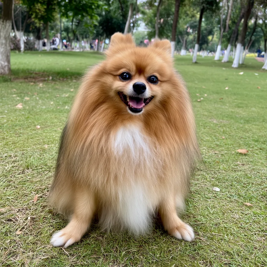 Convincing golden-brown Pomeranian with a white chest sitting on grass