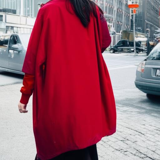 Training sample showing a woman in a long red maxi dress on a city street