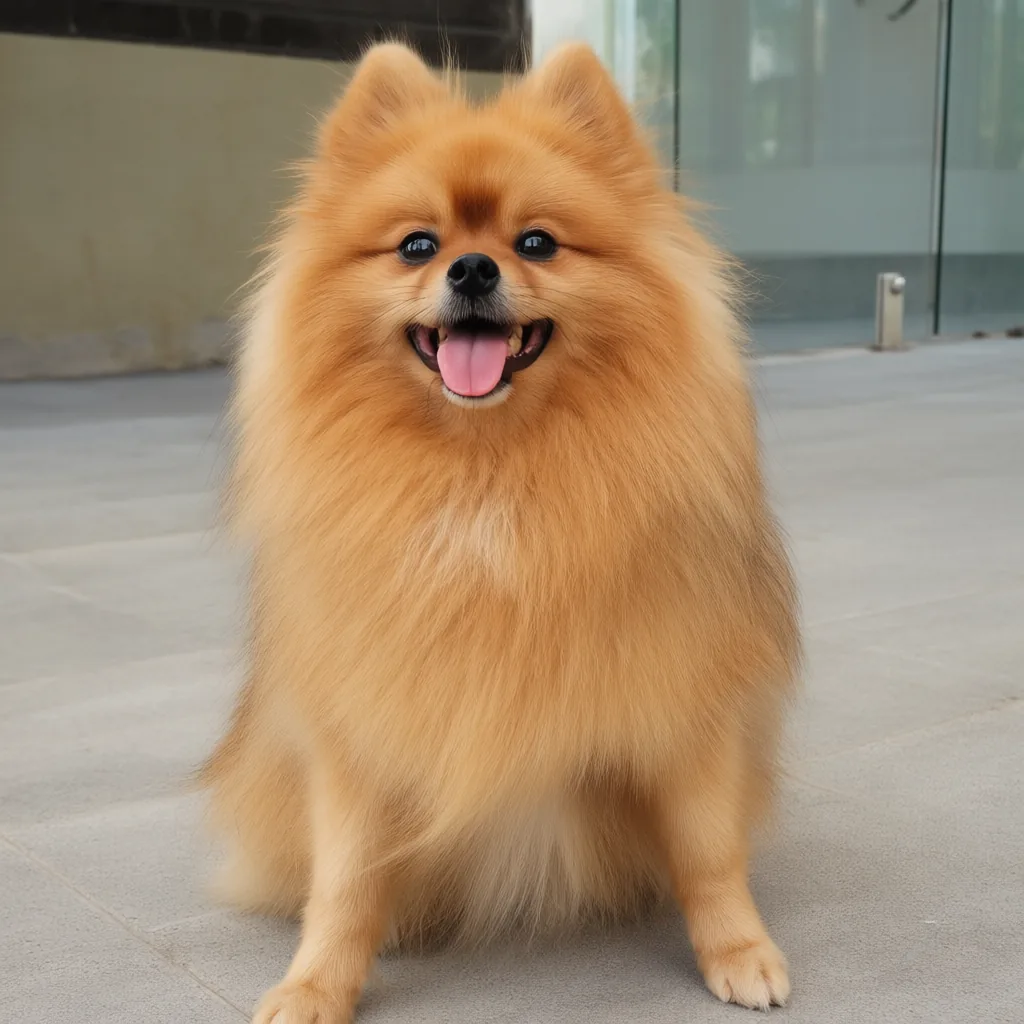 Small golden-brown Pomeranian with correct fluffy coat and proportions