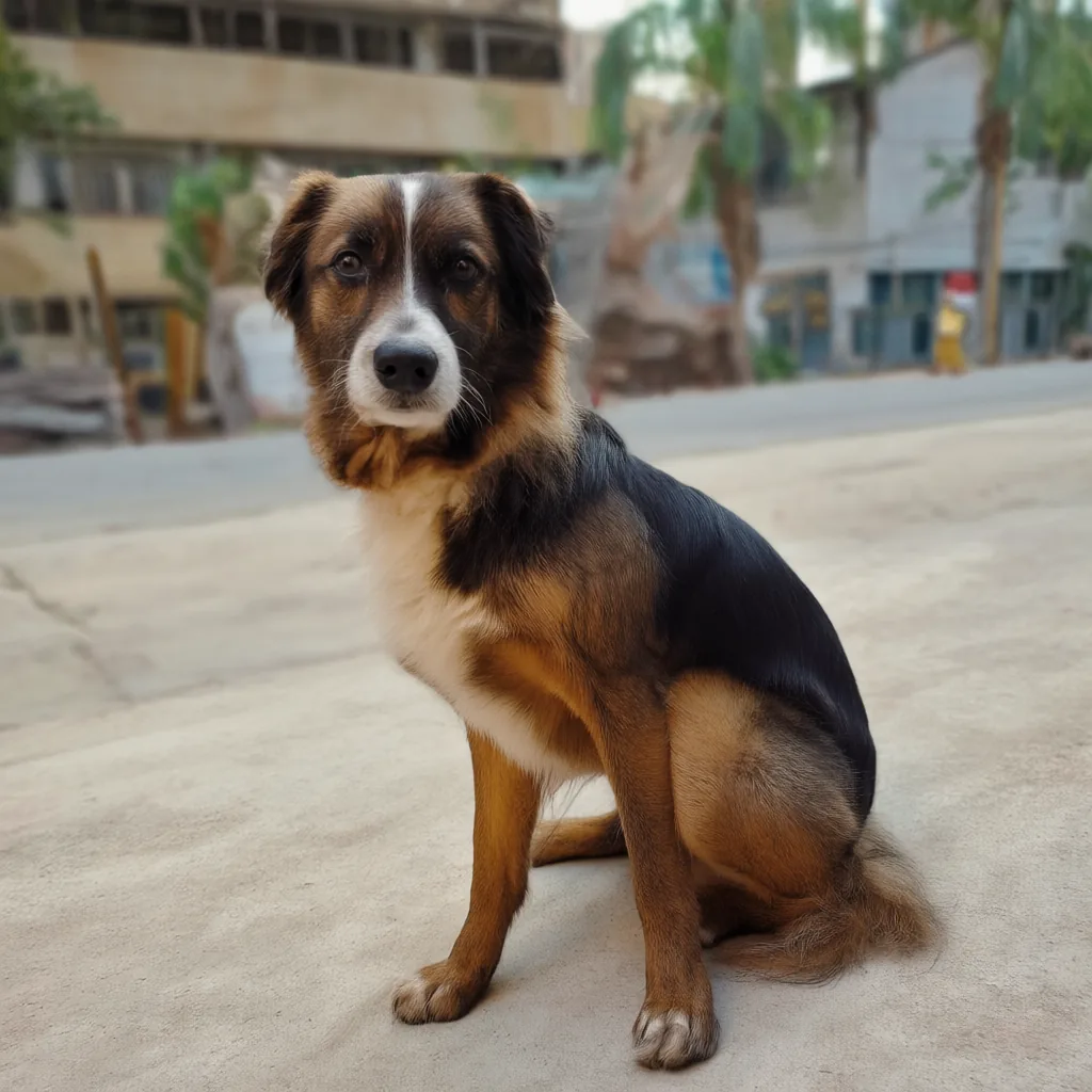 Medium-sized mixed-breed dog with black and tan coat, not the Pomeranian