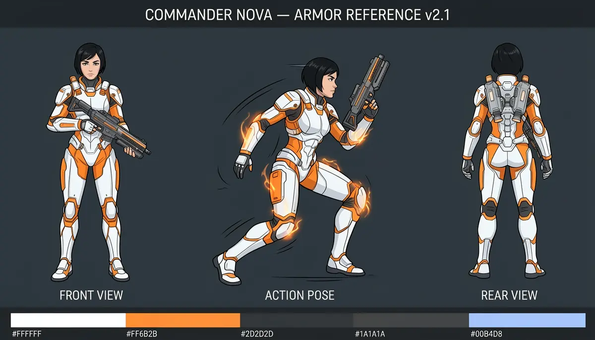 Sci-fi character reference sheet with three views