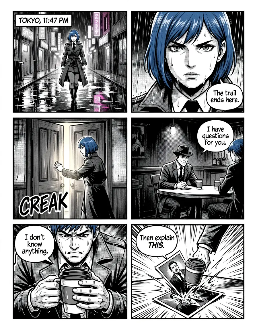 6-panel manga page with speech bubbles and captions