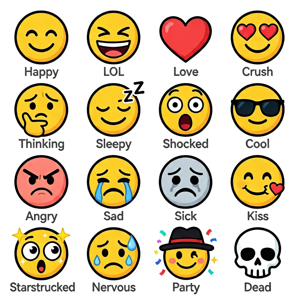 4x4 grid of 16 emoji faces, each labeled with its meaning