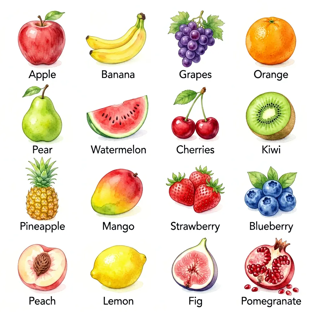 4x4 watercolor grid of 16 fruits, each labeled