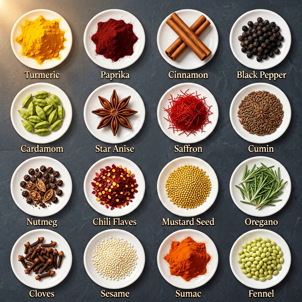 4x4 grid of 16 spices on dark slate, each on a white plate with label