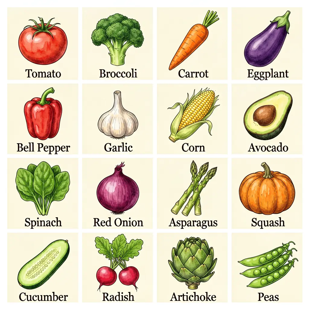 4x4 botanical grid of 16 vegetables, each labeled