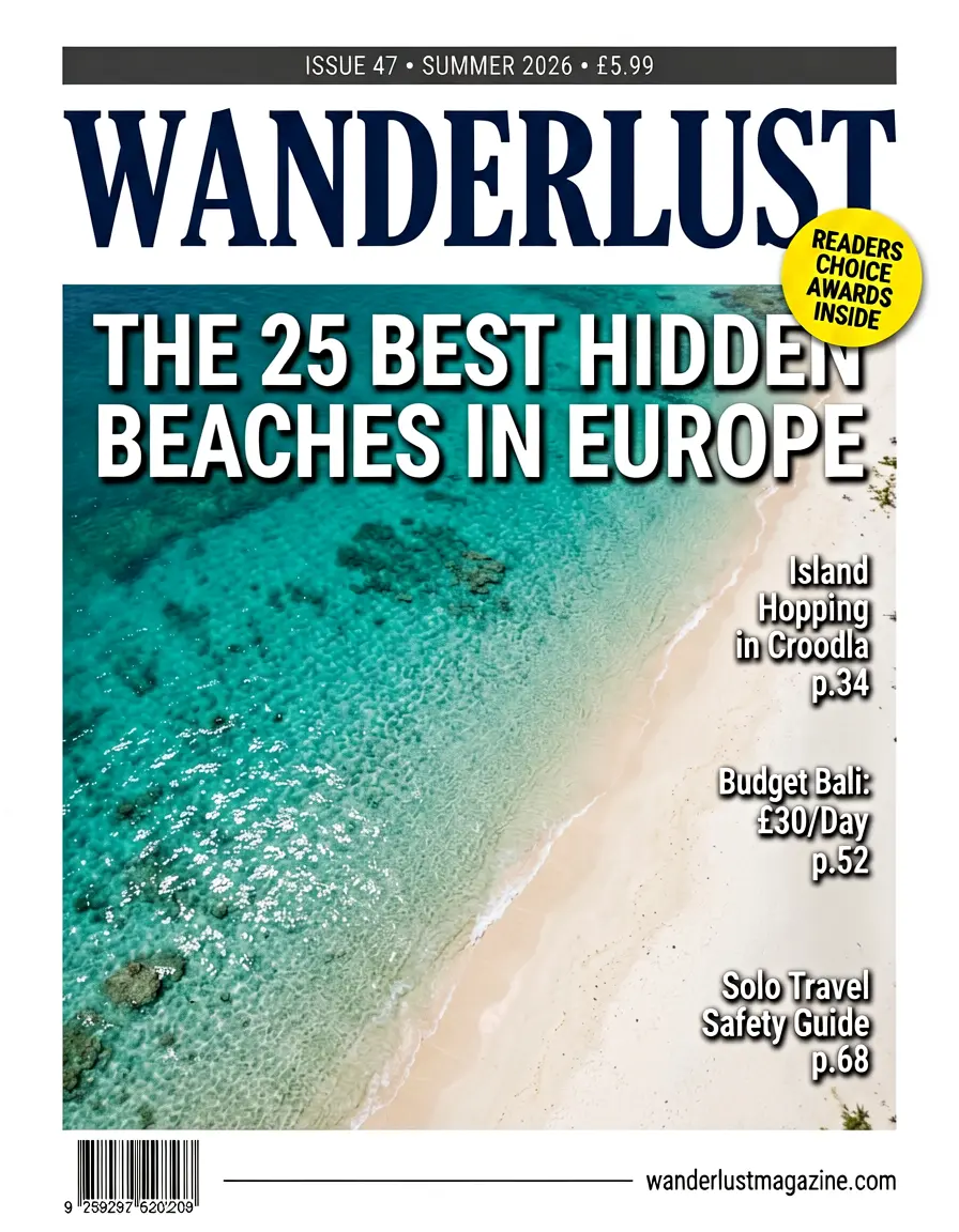 Travel magazine cover with title, headlines, and page numbers