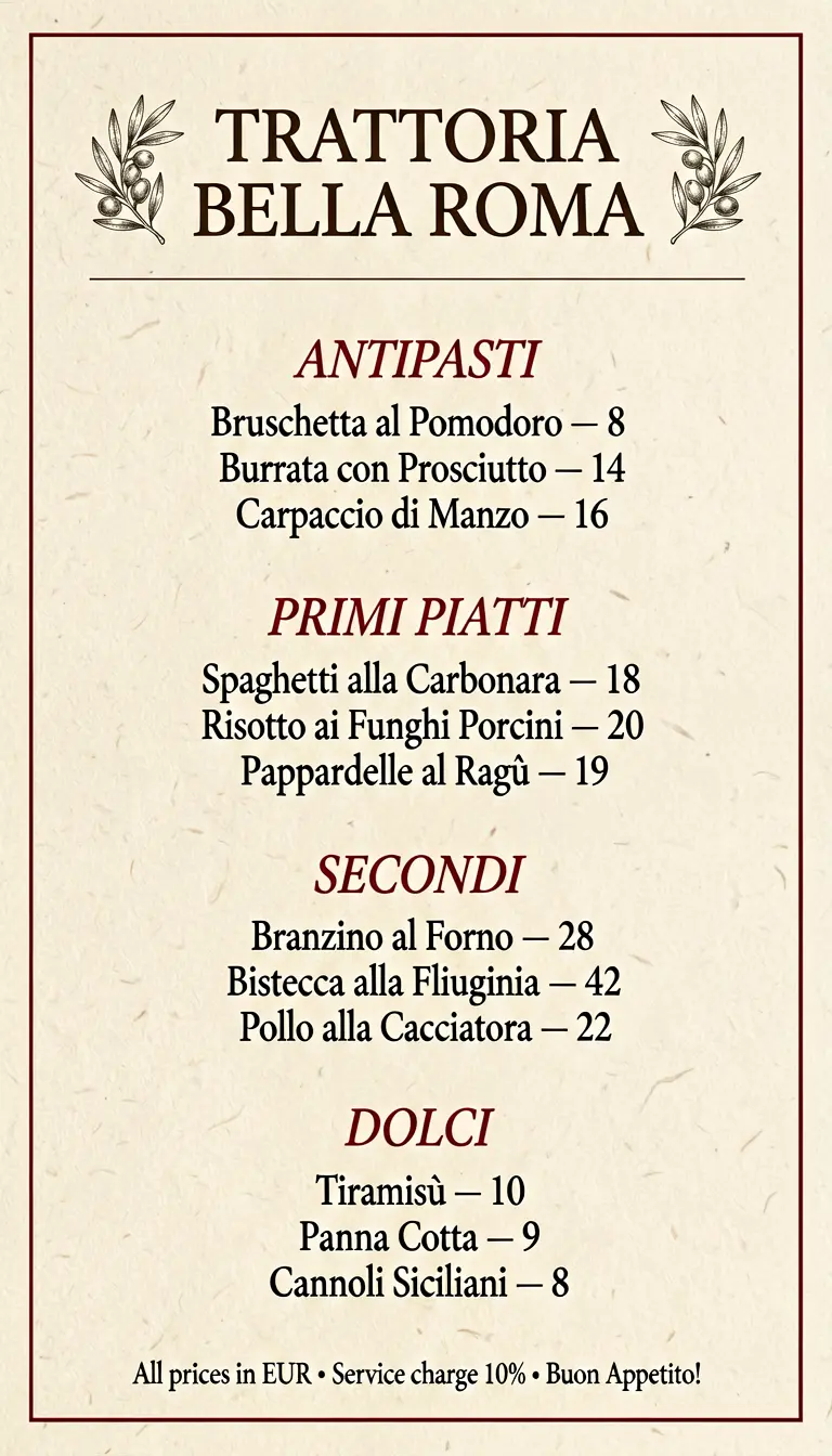 Italian trattoria menu with 4 sections and 12 items