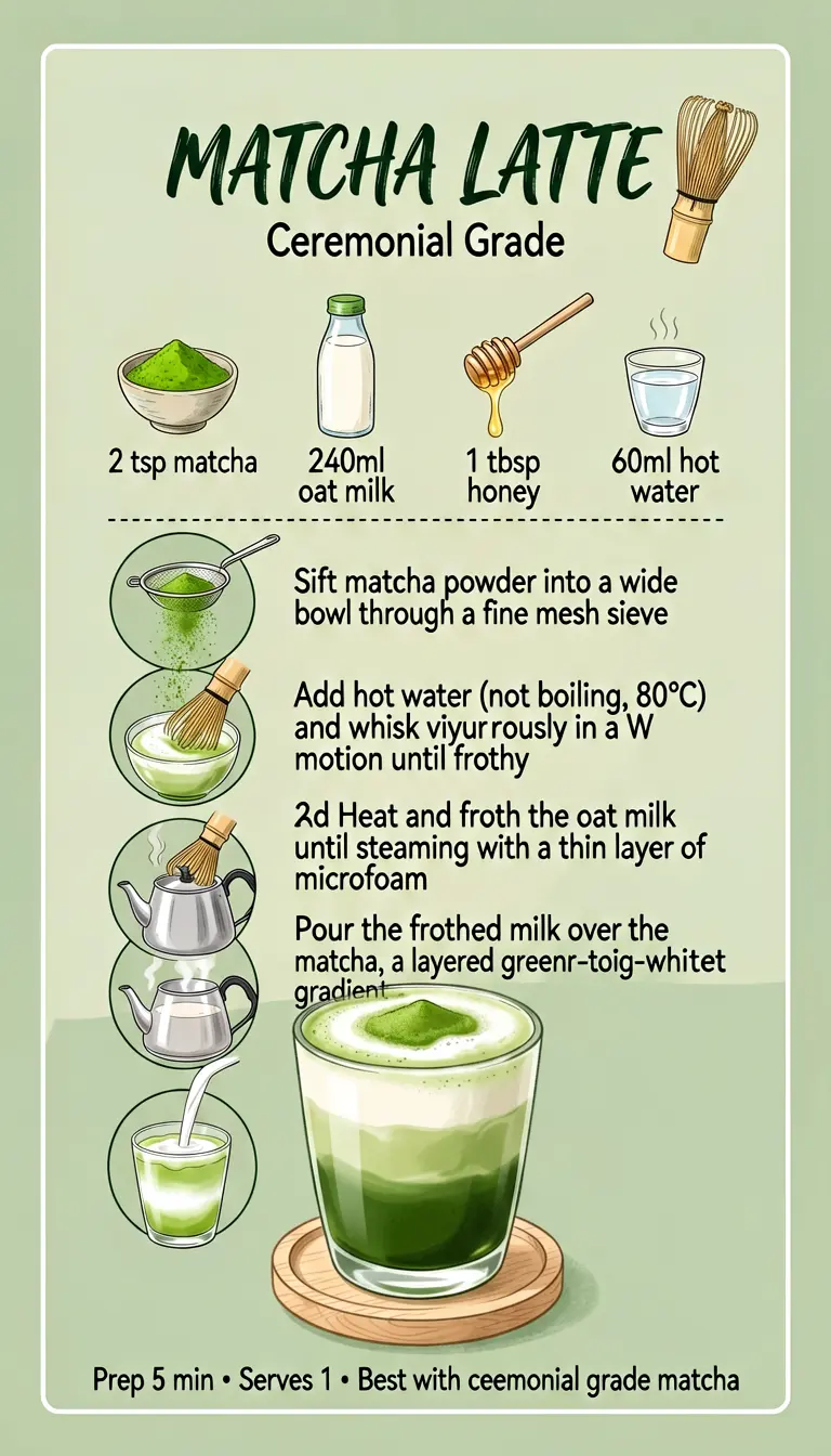 Matcha latte recipe with chasen whisk illustrations and layered glass