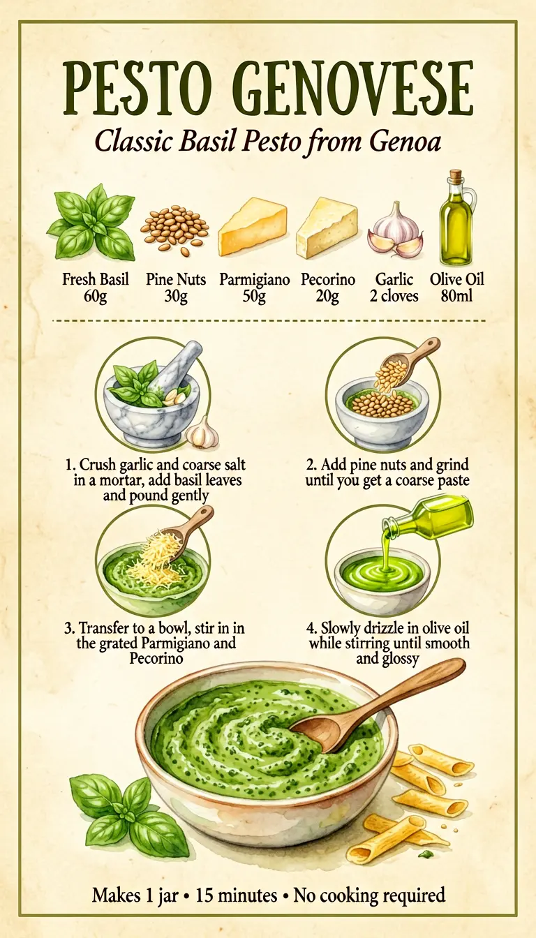 Pesto genovese recipe with mortar and pestle steps and trofie pasta