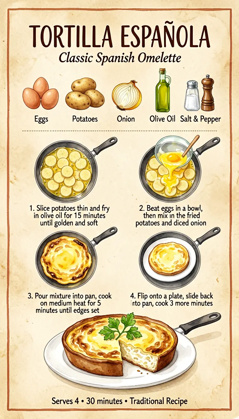 Spanish omelette recipe card with illustrated steps