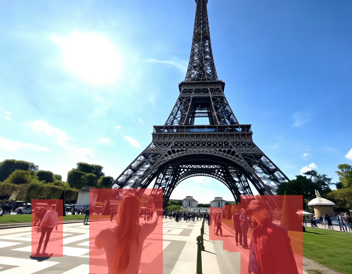 Eiffel Tower scene with red overlay on all foreground people