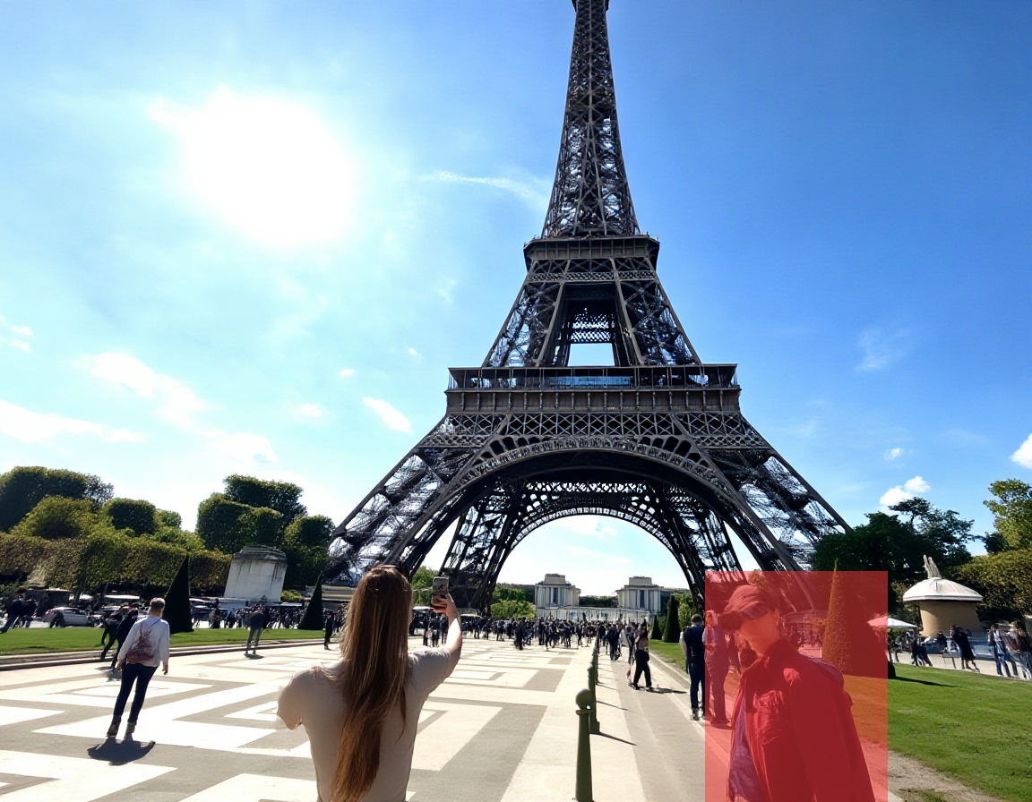 Eiffel Tower scene with red overlay on the right tourist