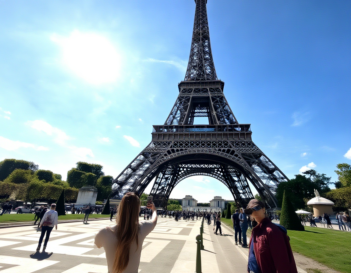 Eiffel Tower scene with a woman taking a selfie in the foreground and tourists visible