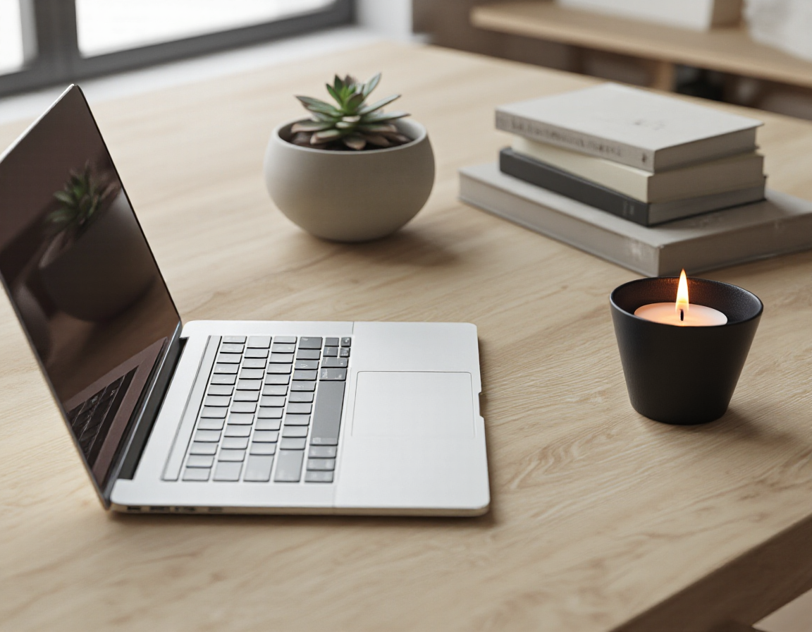Desk with mug replaced by a tall candle in dark ceramic vessel