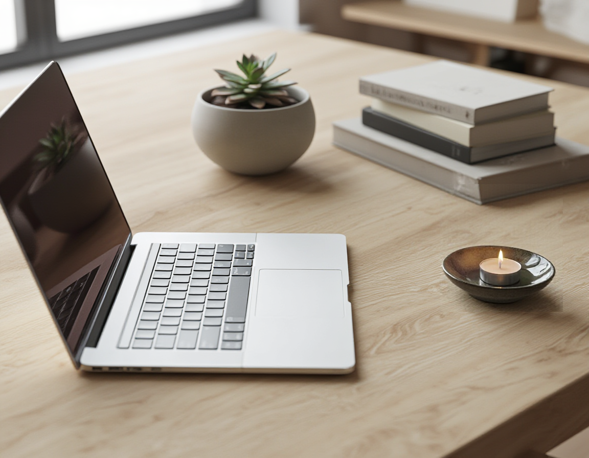 Desk with mug replaced by a small tea light candle in a ceramic dish