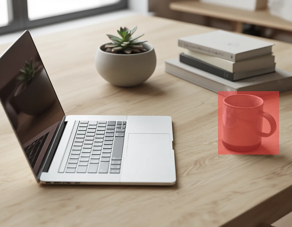 Same desk with red overlay covering the coffee mug