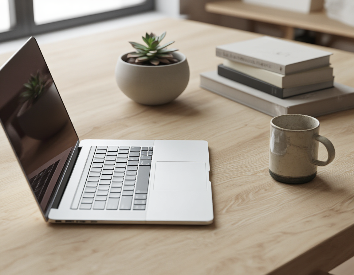 Minimalist desk with laptop, succulent, books, and ceramic coffee mug