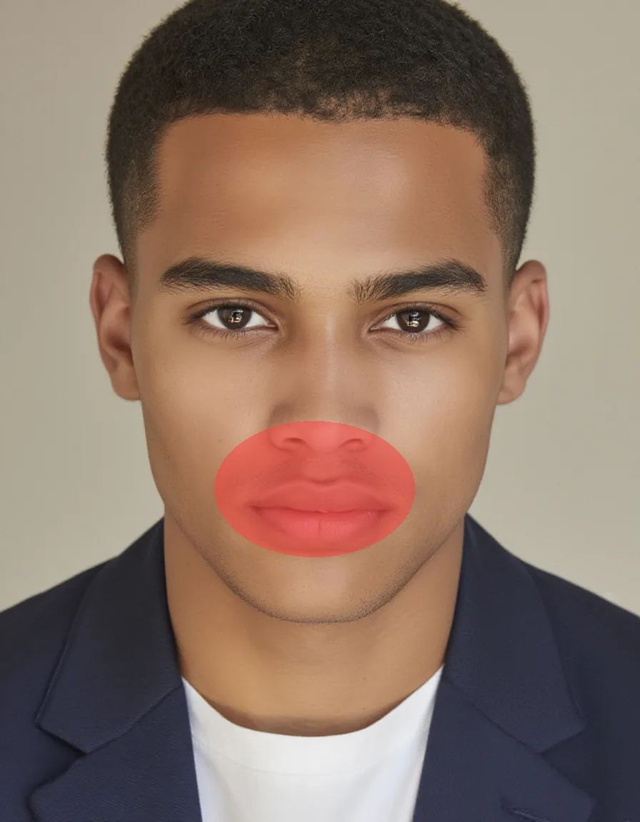 Same portrait with red overlay on mouth and chin area