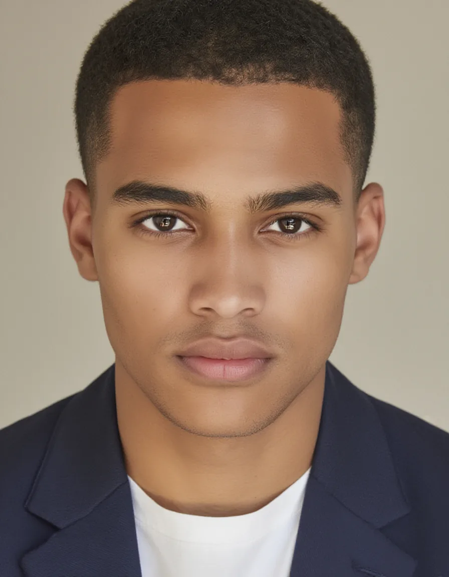 Young man in navy blazer with neutral expression