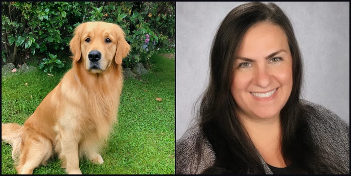 Two control images: a golden retriever sitting in a garden, and a studio portrait of a woman smiling — neither shows Pomeranian features